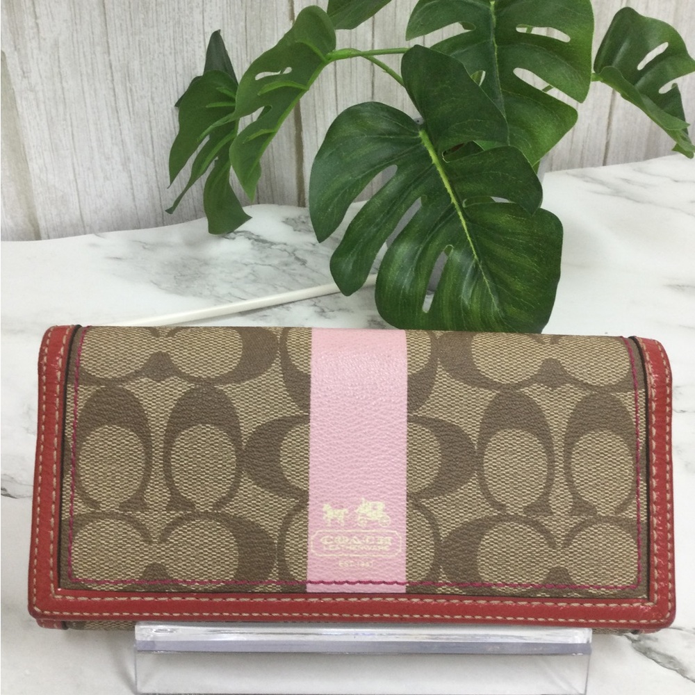 GUC  Coach Signature Canvas Trifold Wallet in Brown with Pink & Red Trim